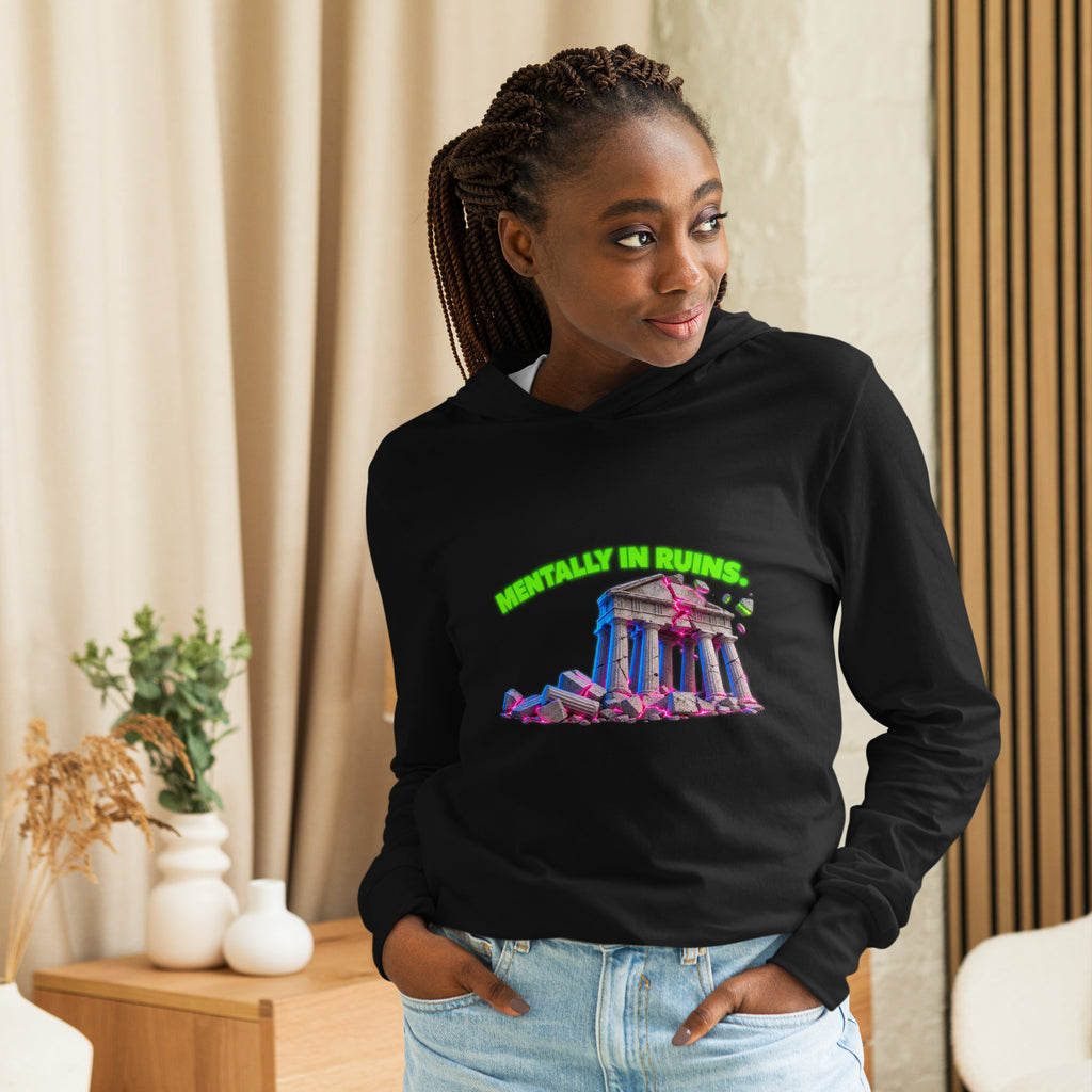 MENTALLY IN RUINS crumbling temple hooded long-sleeve shirt in black, front view 2