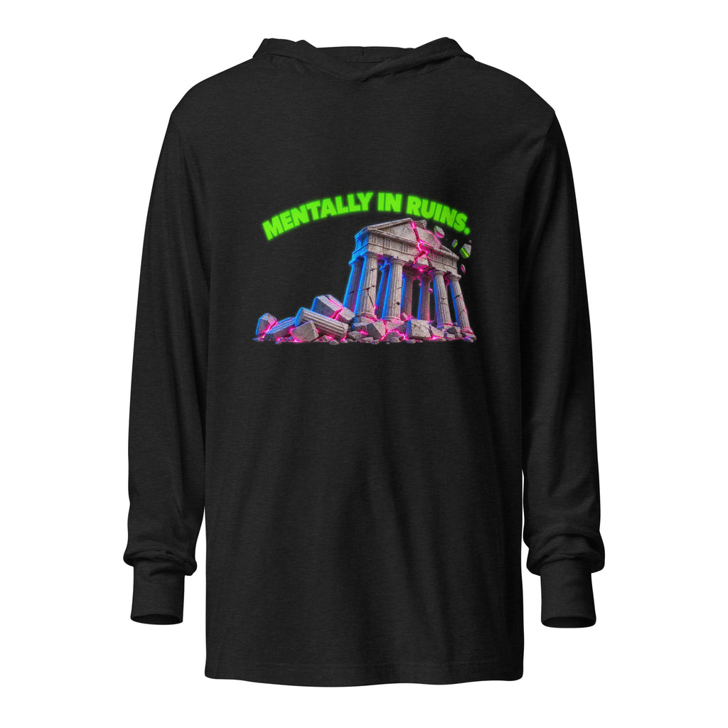 MENTALLY IN RUINS neon Greek temple hooded long-sleeve tee in charcoal-black triblend, front view