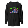 MENTALLY IN RUINS neon Greek temple hooded long-sleeve tee in charcoal-black triblend, front view