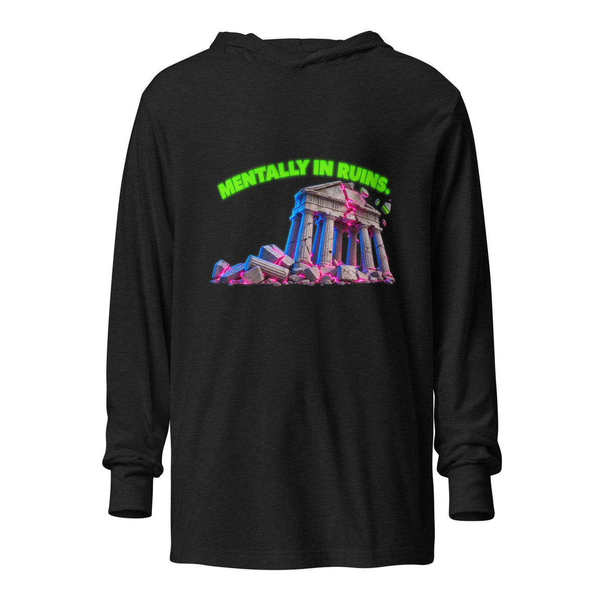 MENTALLY IN RUINS neon Greek temple hooded long-sleeve tee in charcoal-black triblend, front view