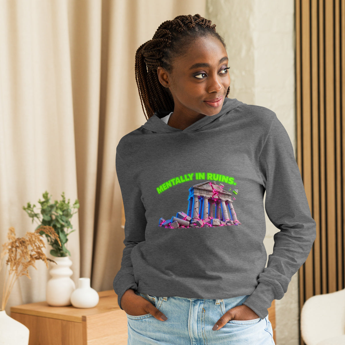 MENTALLY IN RUINS crumbling temple hooded long-sleeve shirt in grey triblend, front view 2