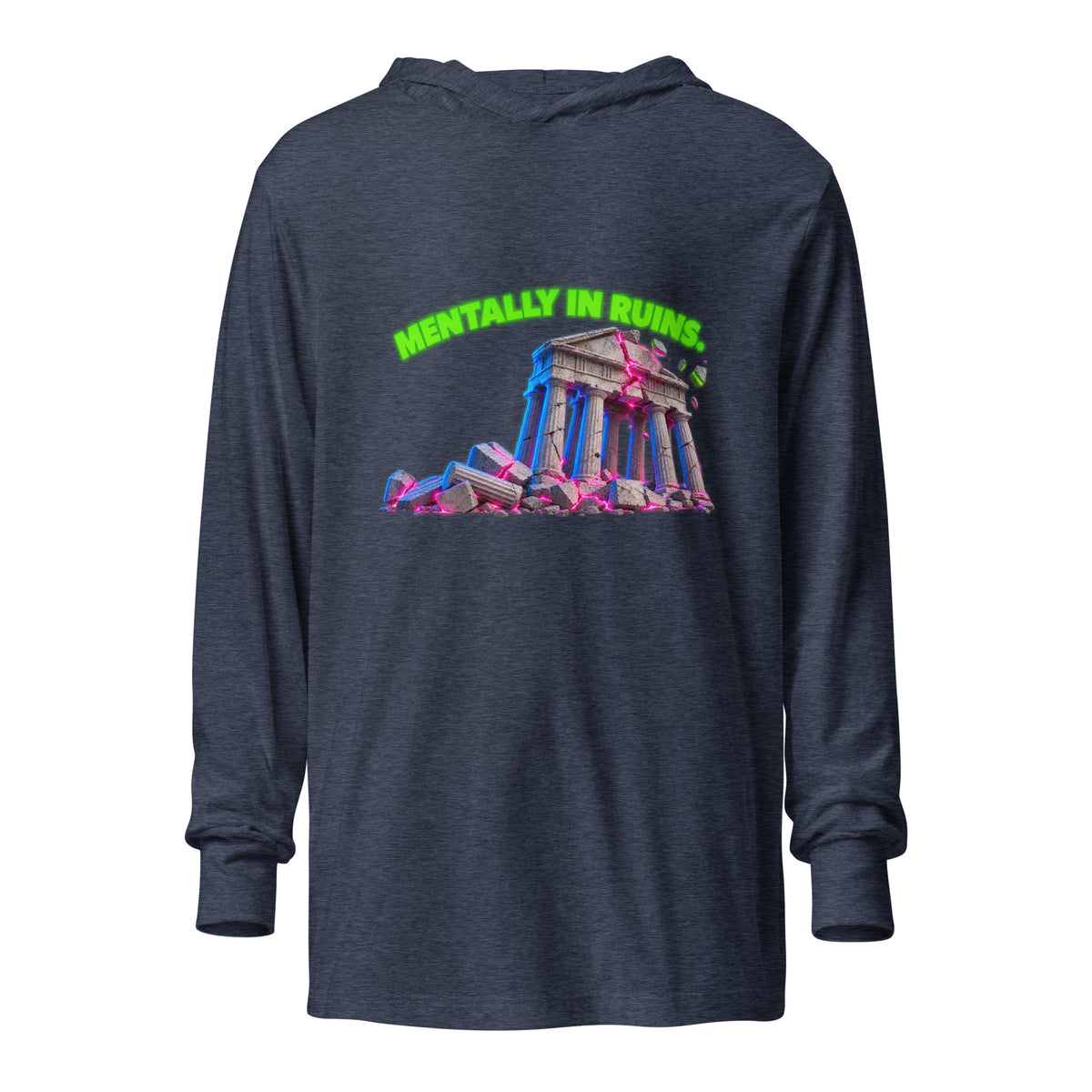 MENTALLY IN RUINS crumbling temple hooded long-sleeve shirt in heather navy, front view 2