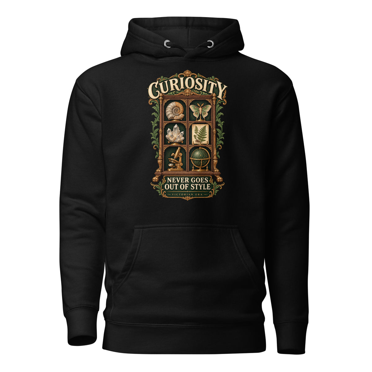 Curiosity Never Goes Out of Style graphic pullover hoodie in black, front view
