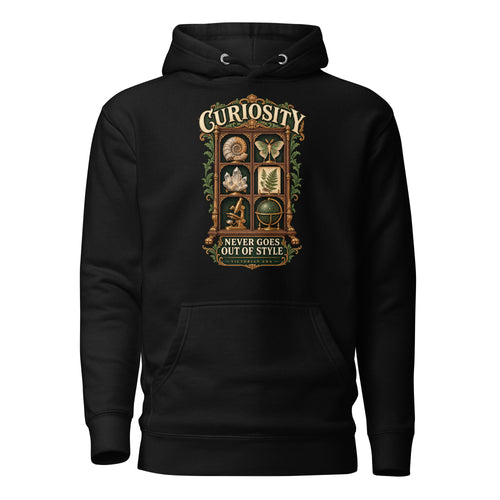 Curiosity Never Goes Out of Style graphic pullover hoodie in black, front view