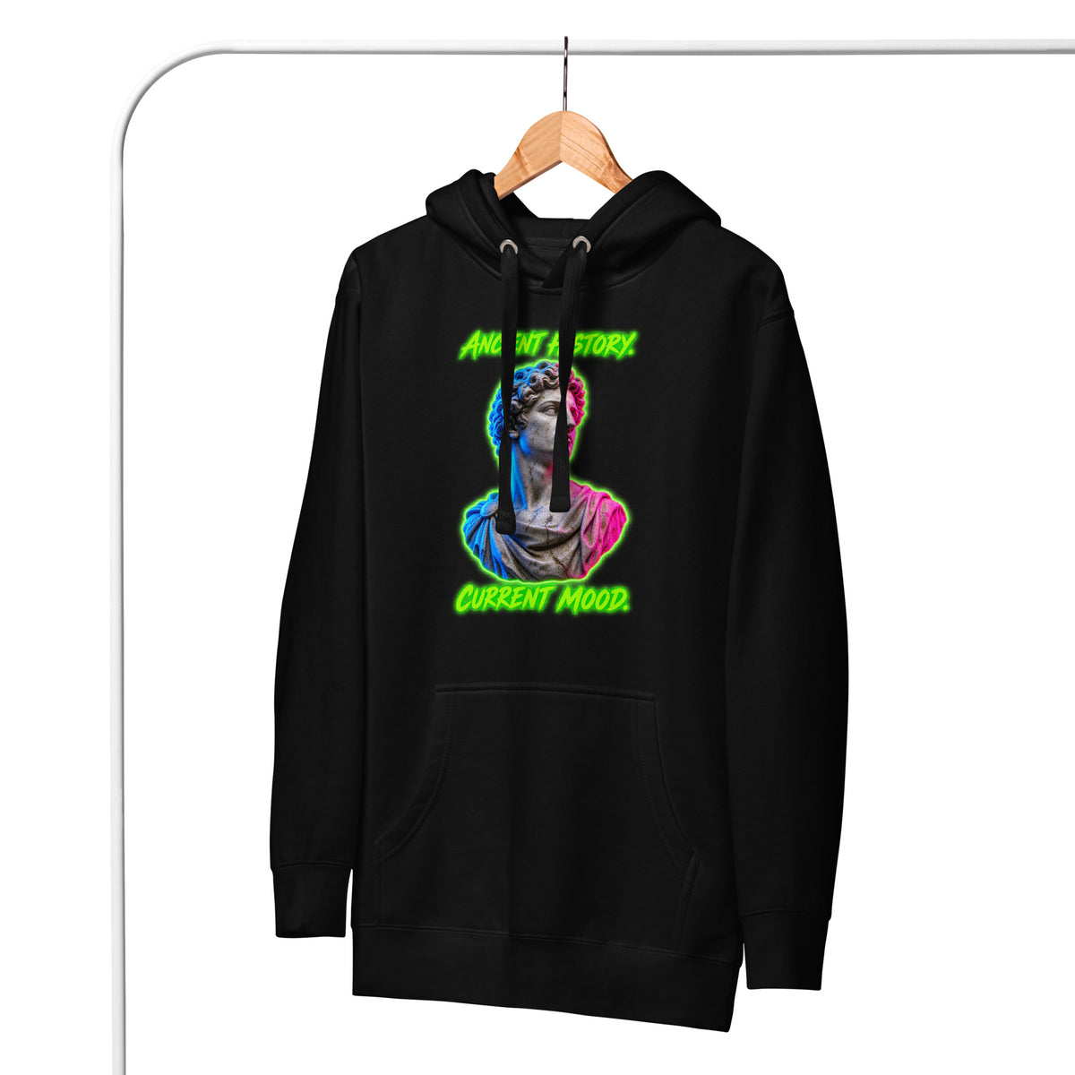 ANCIENT HISTORY. CURRENT MOOD. neon statue pullover hoodie in black, front view 4