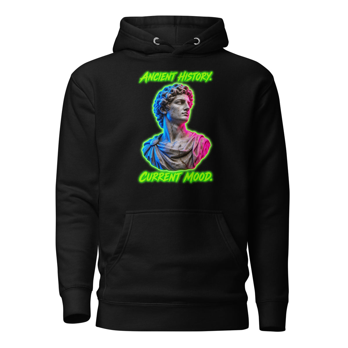 ANCIENT HISTORY. CURRENT MOOD. graphic hoodie in black, front view 2