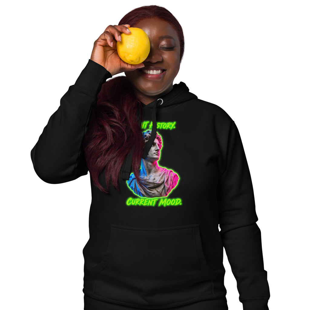 ANCIENT HISTORY. CURRENT MOOD. statue hoodie for history and art lovers in black, front view 3