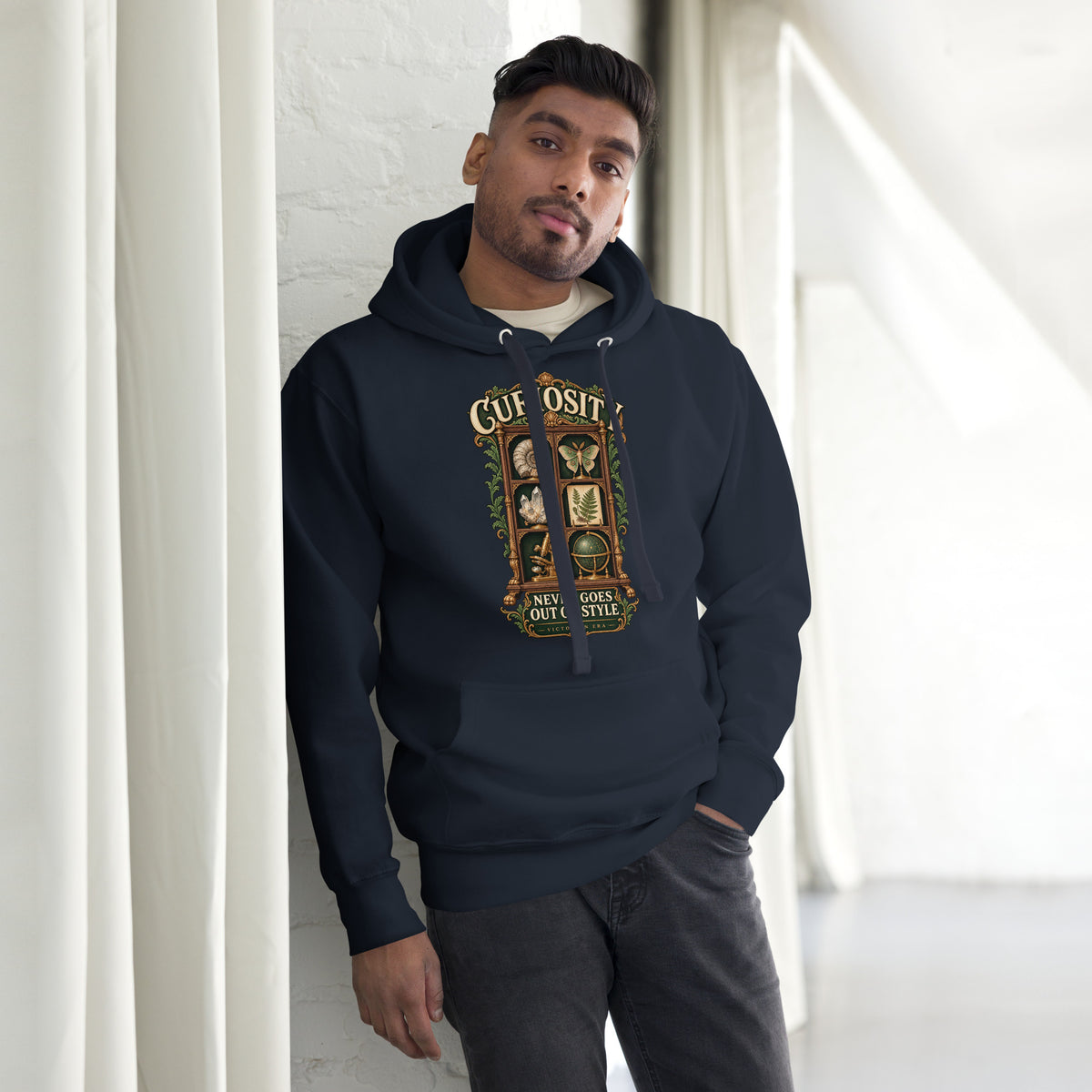 Curiosity Never Goes Out of Style historian gift hoodie in navy blazer