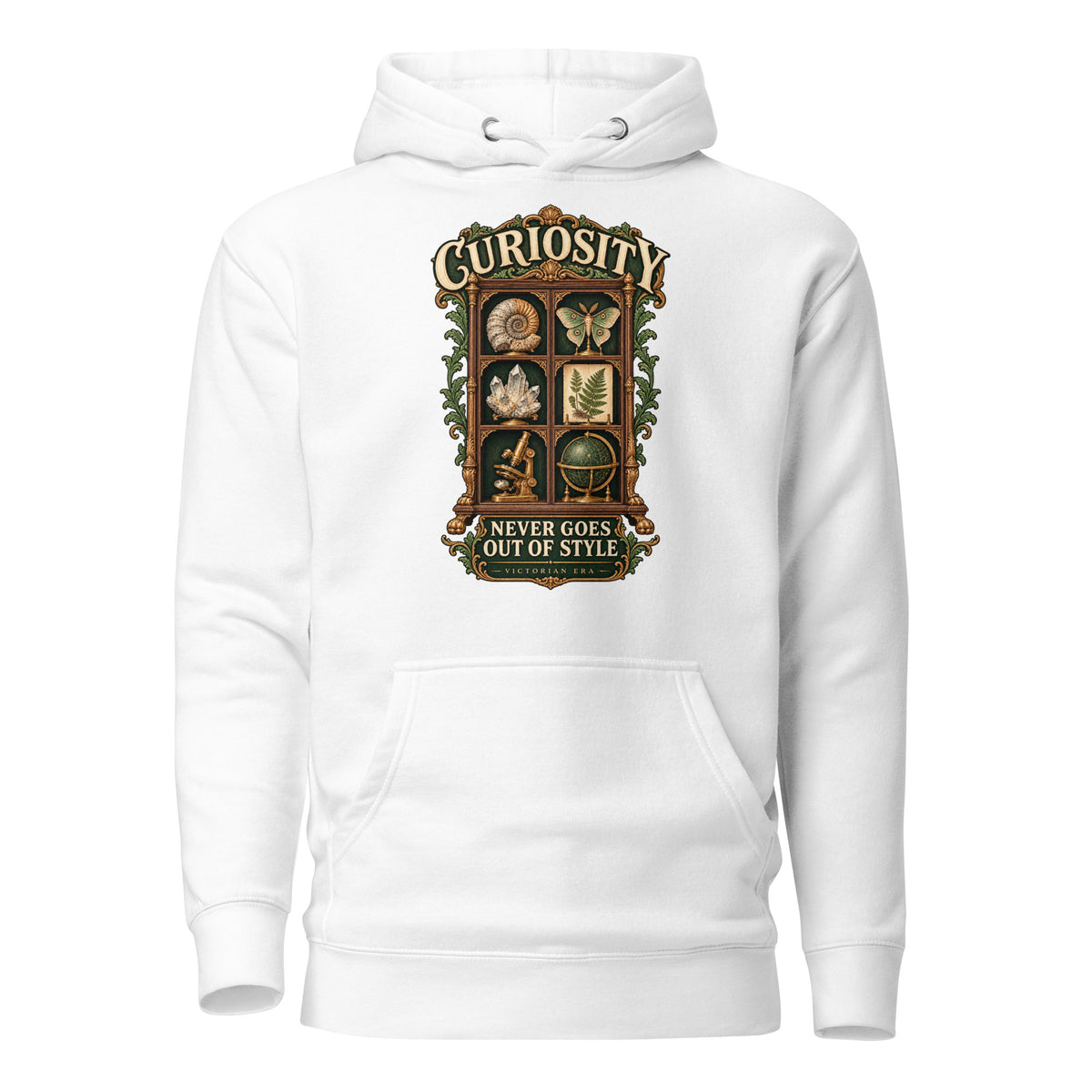 Curiosity Never Goes Out of Style vintage graphic hoodie in white