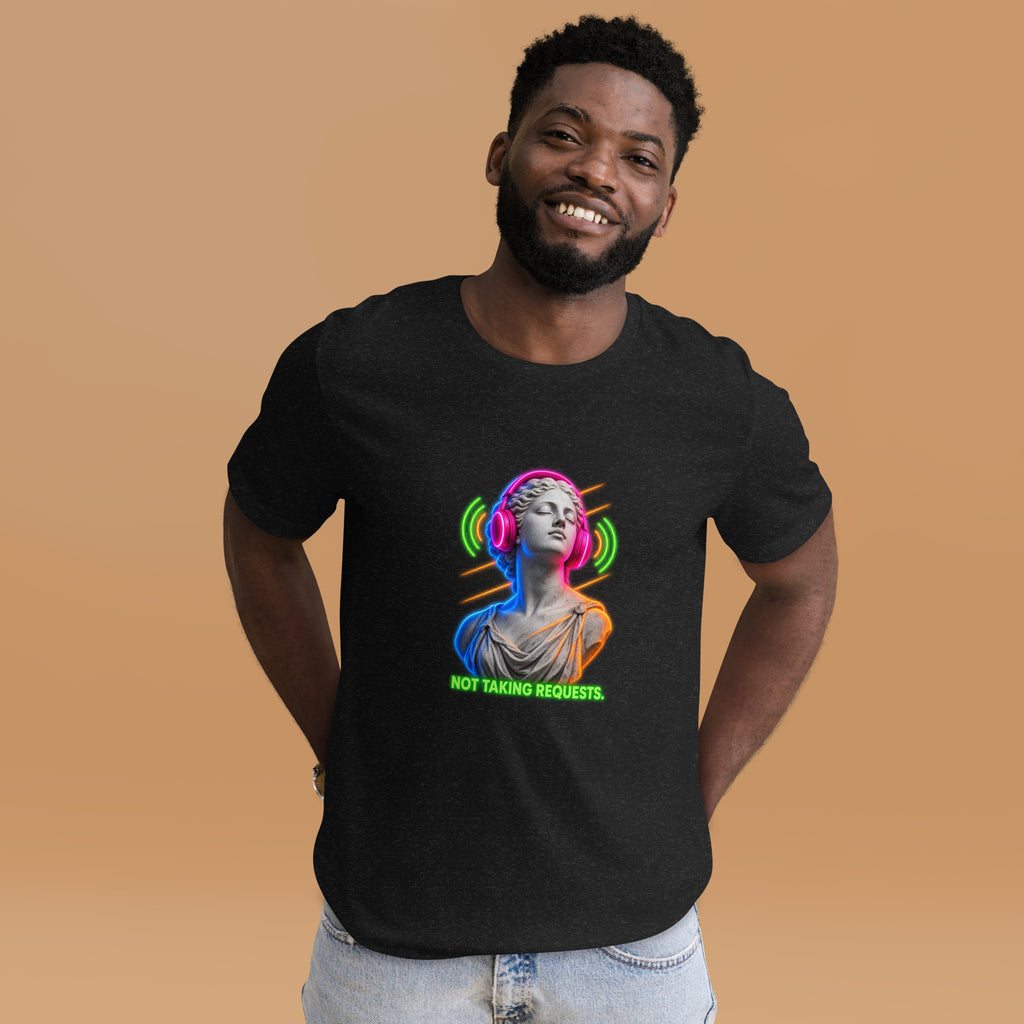 NOT TAKING REQUESTS neon marble statue with headphones t-shirt in black heather, front view