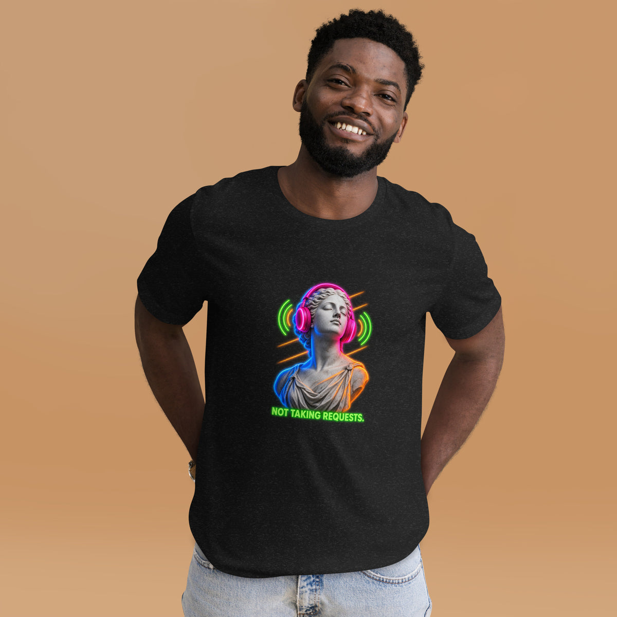 NOT TAKING REQUESTS neon marble statue with headphones t-shirt in black heather, front view