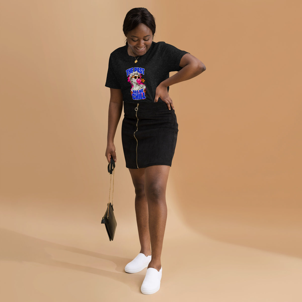 The Past Has No Chill funny history t-shirt in black heather, front view, close-up