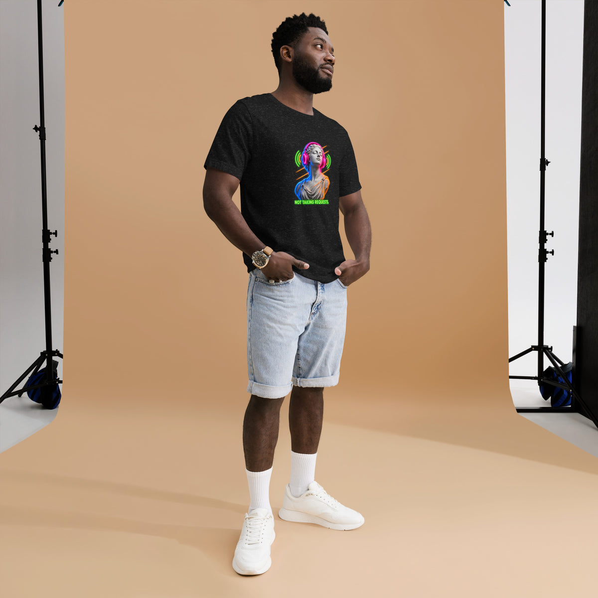 NOT TAKING REQUESTS classical statue headphones t-shirt in black heather, flat front view