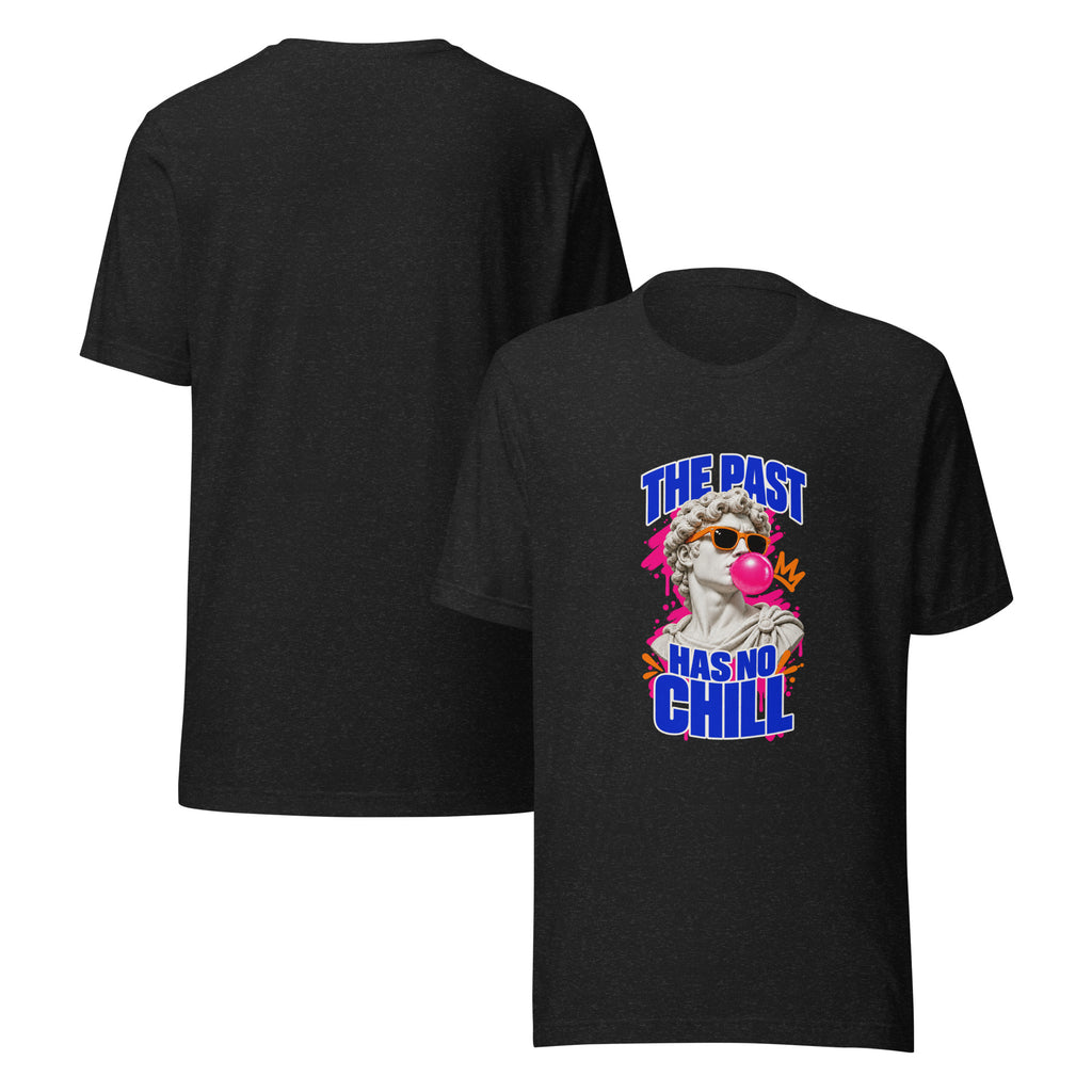 The Past Has No Chill funny history t-shirt in black heather, front and back view