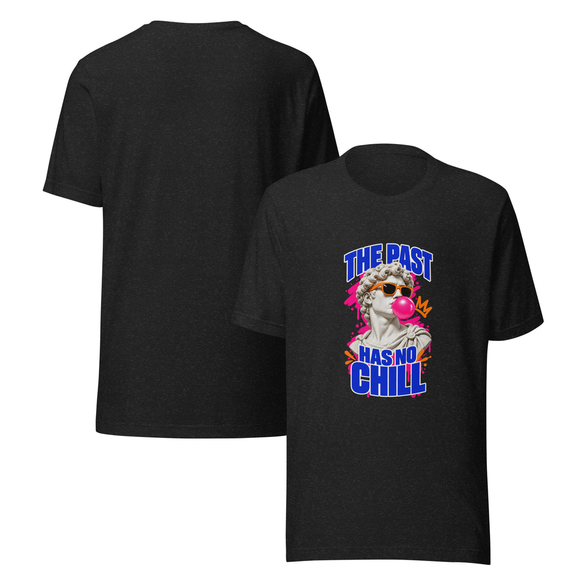 The Past Has No Chill funny history t-shirt in black heather, front and back view