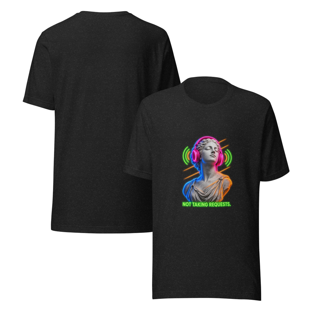 NOT TAKING REQUESTS neon statue graphic tee in black heather, front and back view