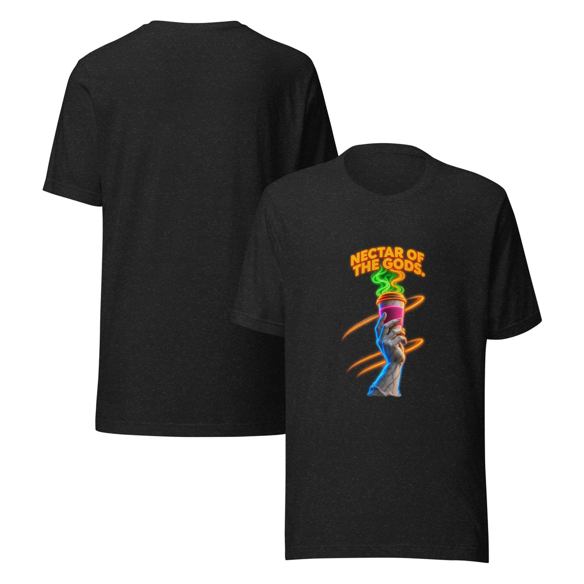 NECTAR OF THE GODS neon coffee graphic tee in black heather, front and back view