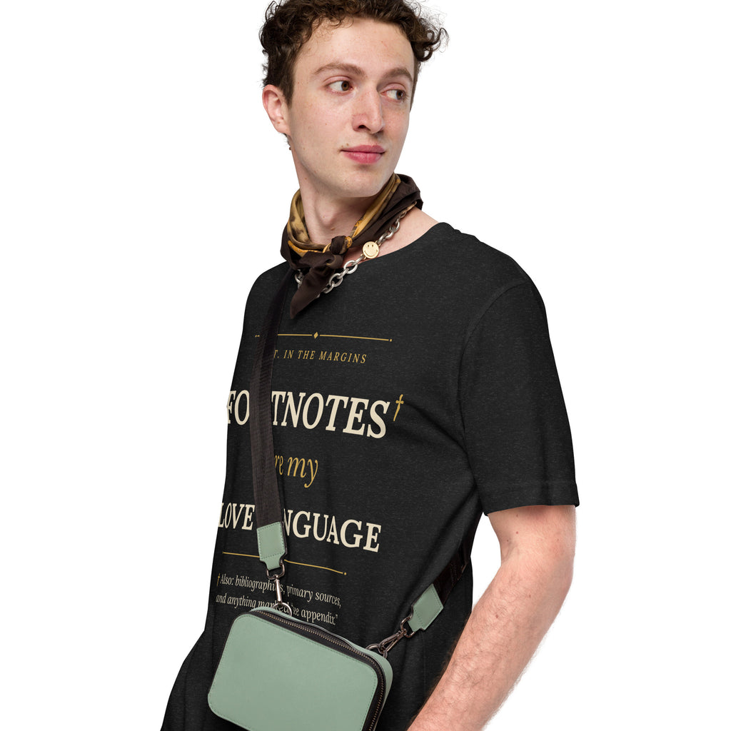 Footnotes Are My Love Language vintage serif graphic tee for readers in black heather, angled front view