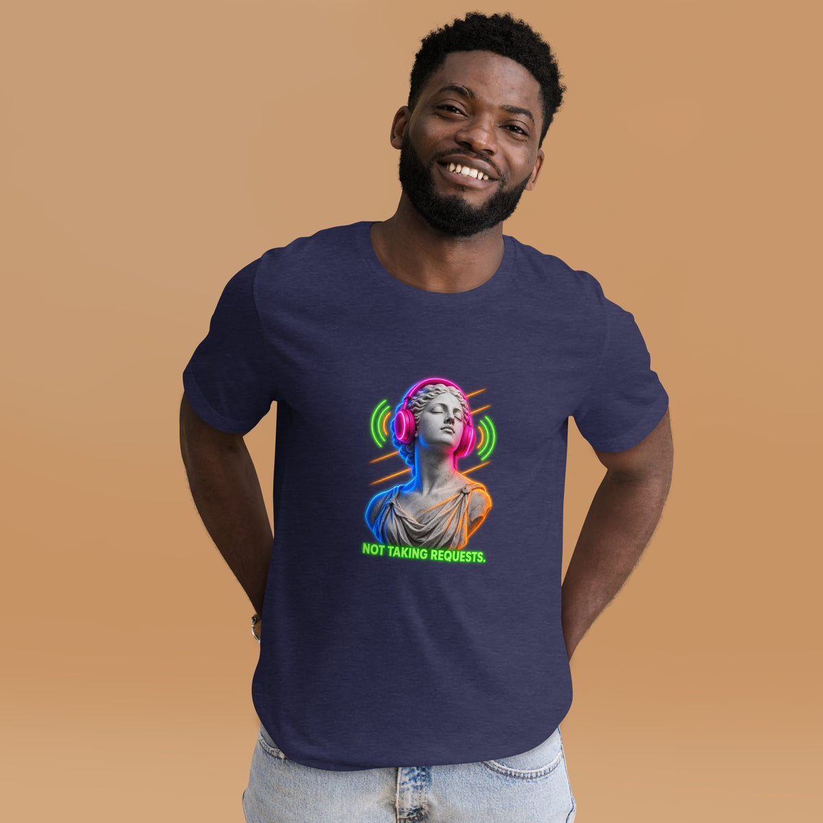 NOT TAKING REQUESTS classical statue headphones t-shirt in heather midnight navy, front view 2
