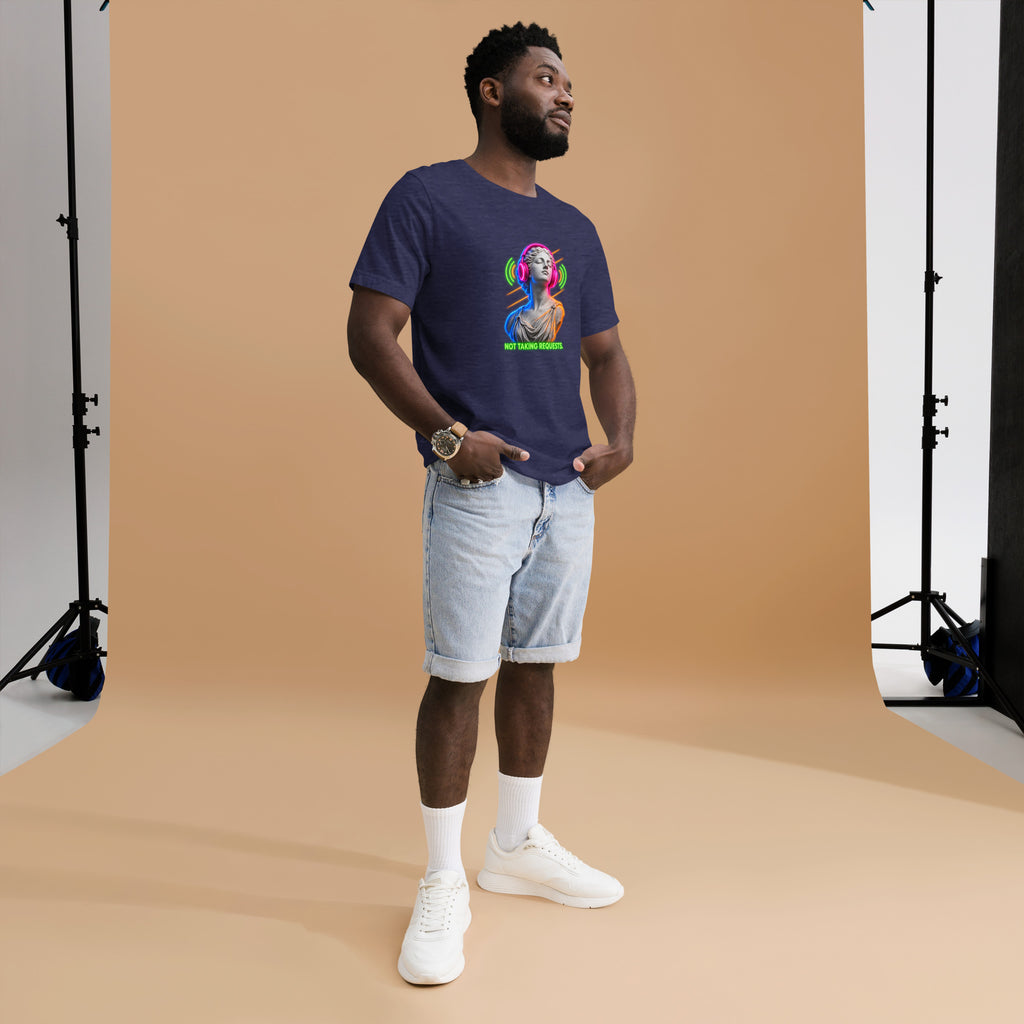 NOT TAKING REQUESTS neon statue t-shirt in heather midnight navy, front view