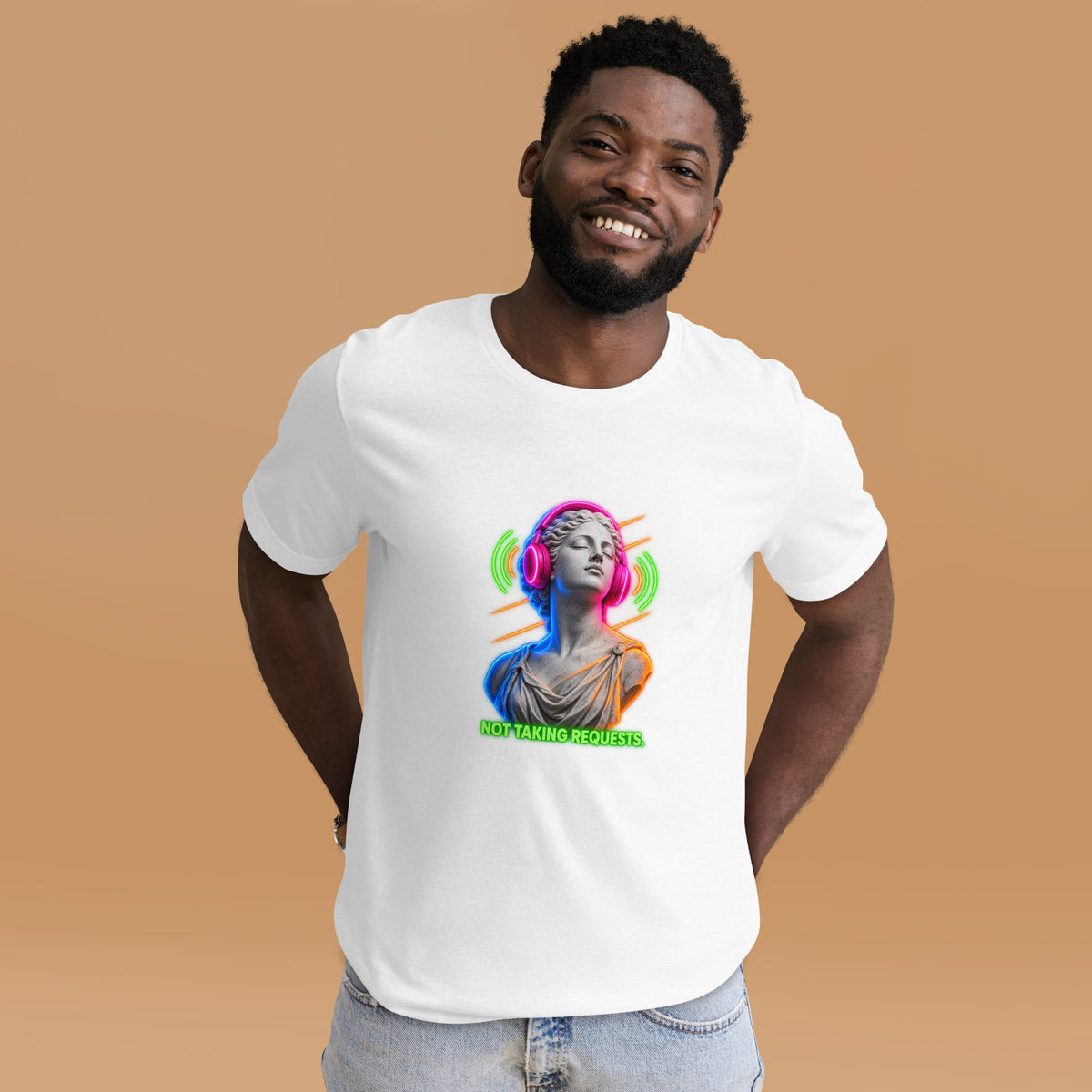 NOT TAKING REQUESTS classical statue headphones t-shirt in white, front view 2