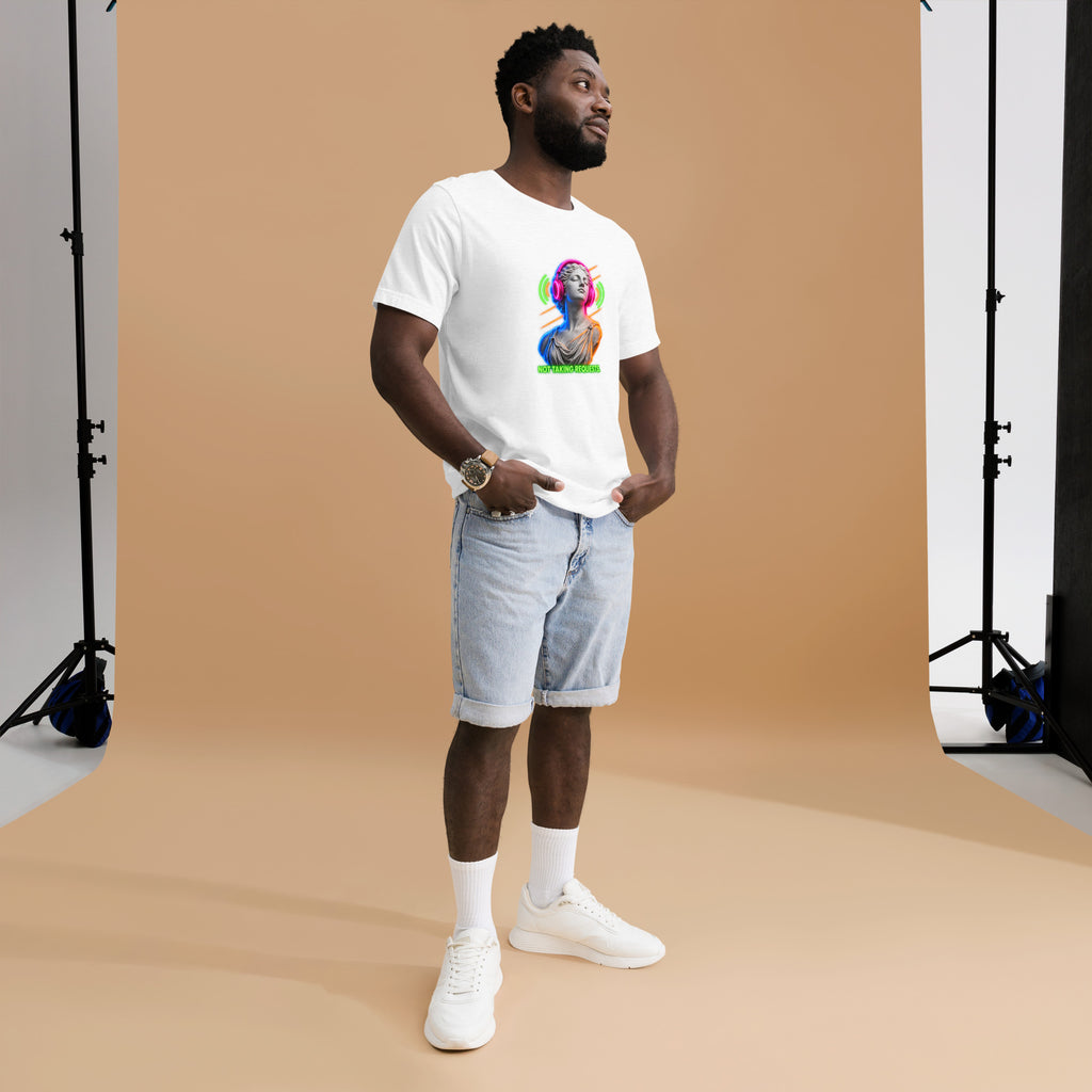 NOT TAKING REQUESTS neon statue t-shirt in white, front view